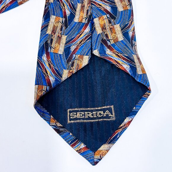 SERICA Vintage brown and blue patterned silk tie | Geometric design * - Picture 4 of 4
